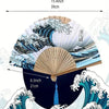 Japanese foldable hand fan featuring a Kanagawa wave design with blue and white patterns.
