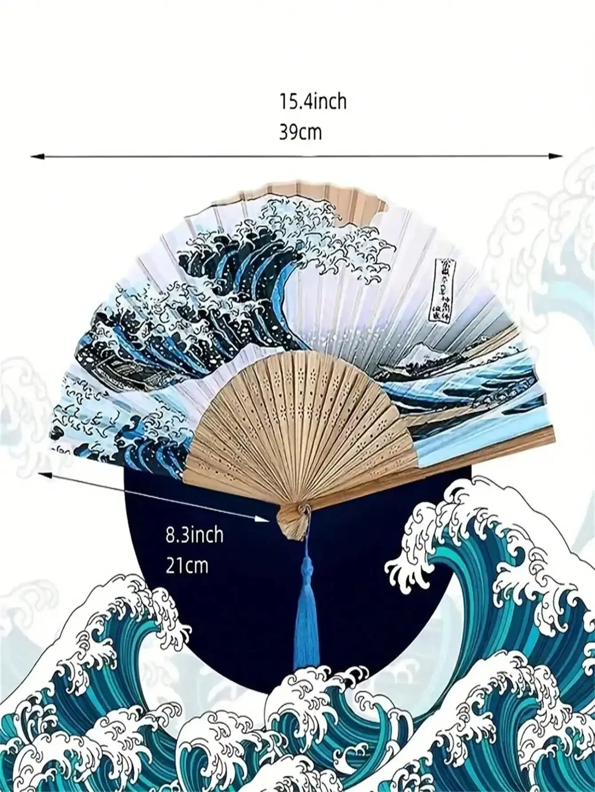 Japanese foldable hand fan featuring a Kanagawa wave design with blue and white patterns.