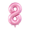 A pink foil number balloon shaped like the number 8 for birthday and party decor.