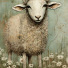 A soft, fluffy white Highland sheep stands amidst green grass and small white flowers.