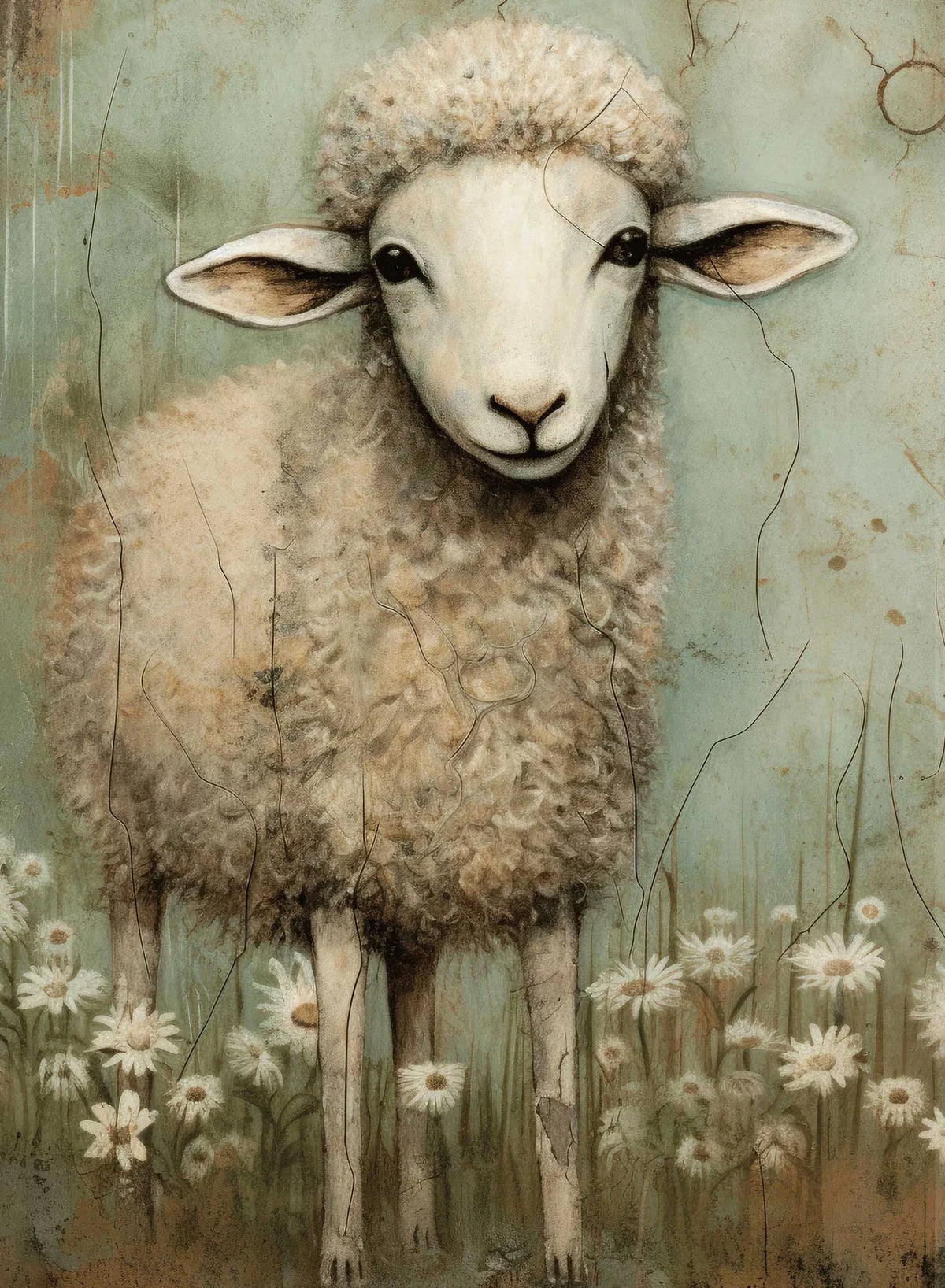 A soft, fluffy white Highland sheep stands amidst green grass and small white flowers.