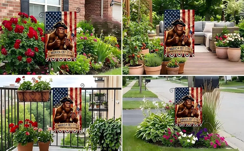 A collection of patriotic garden flags featuring a Native American figure and the text MERICA EST 1776 displayed in various o