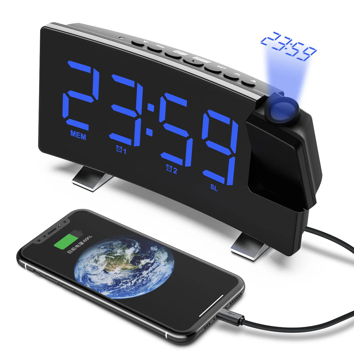 A black projection alarm clock with a large LED display showing 23:59 and an FM radio receiver, connected to a smartphone.