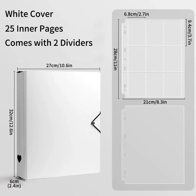 White cover photo card binder with 25 inner pages and 2 dividers shown in a vertical layout.