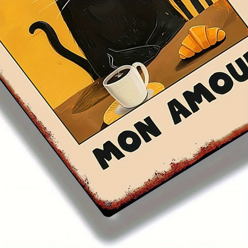 Art mural vintage français, sign avec un chat noir, un croissant et le texte MON AMOUR.