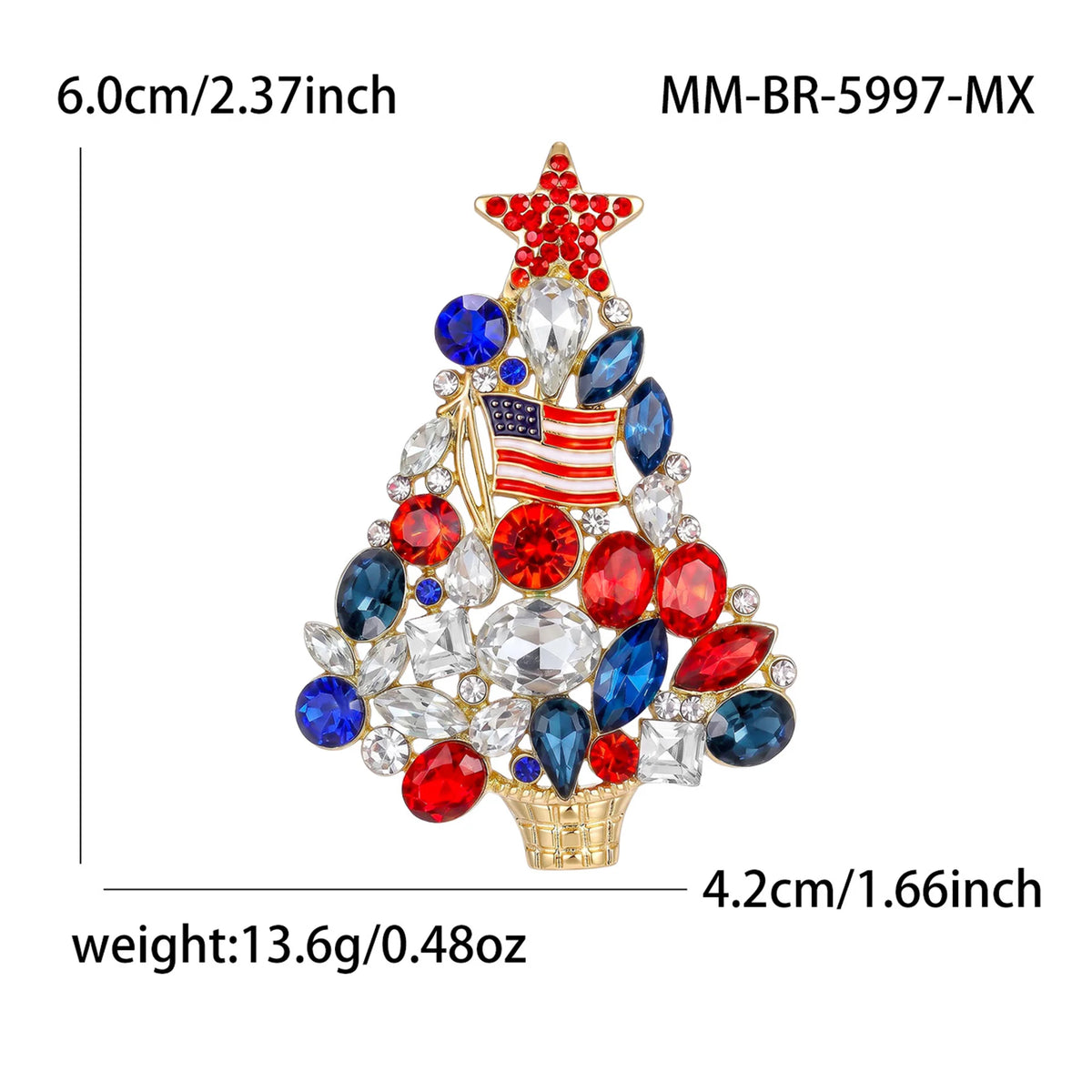 A sparkling rhinestone Christmas tree brooch pin featuring red, blue, and clear stones.