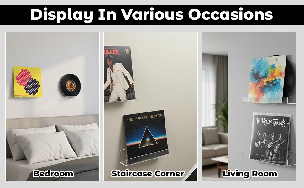 Display in various occasions showing clear acrylic floating shelves for vinyl records and albums in a bedroom, staircase corn