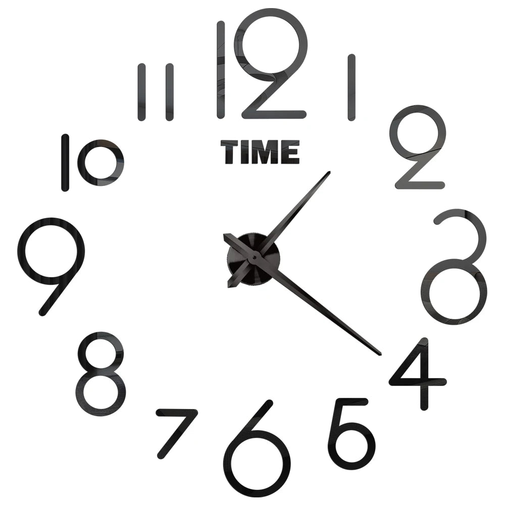A black and silver modern 3D acrylic wall clock face showing the time.