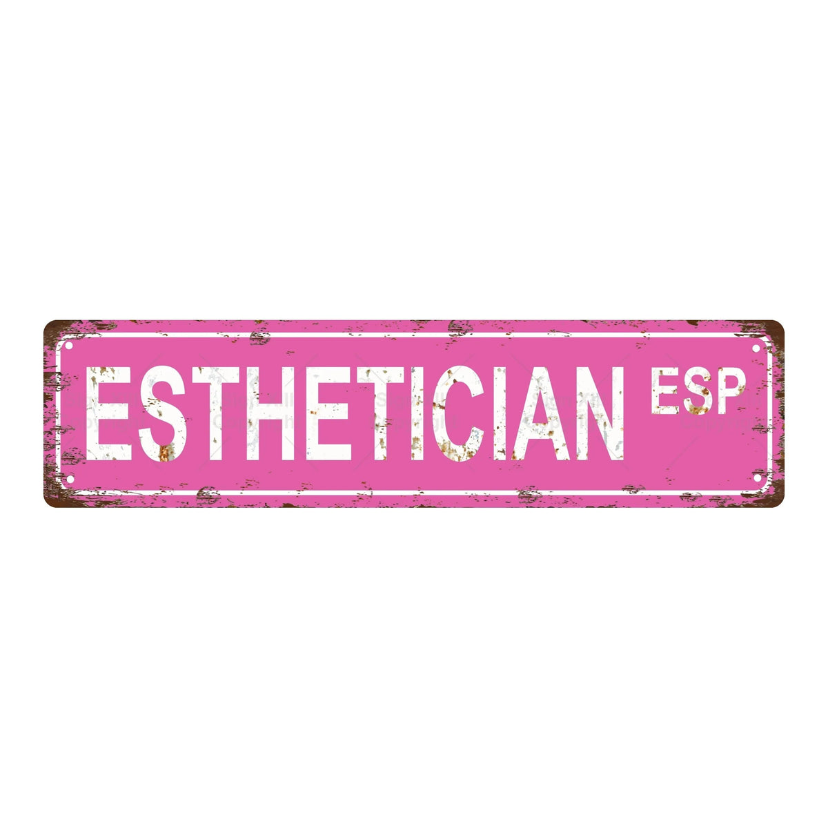 A distressed pink metal tin sign with the word ESTHETICIAN ESP engraved on it.