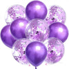 A collection of iridescent purple and white balloons filled with confetti for parties.