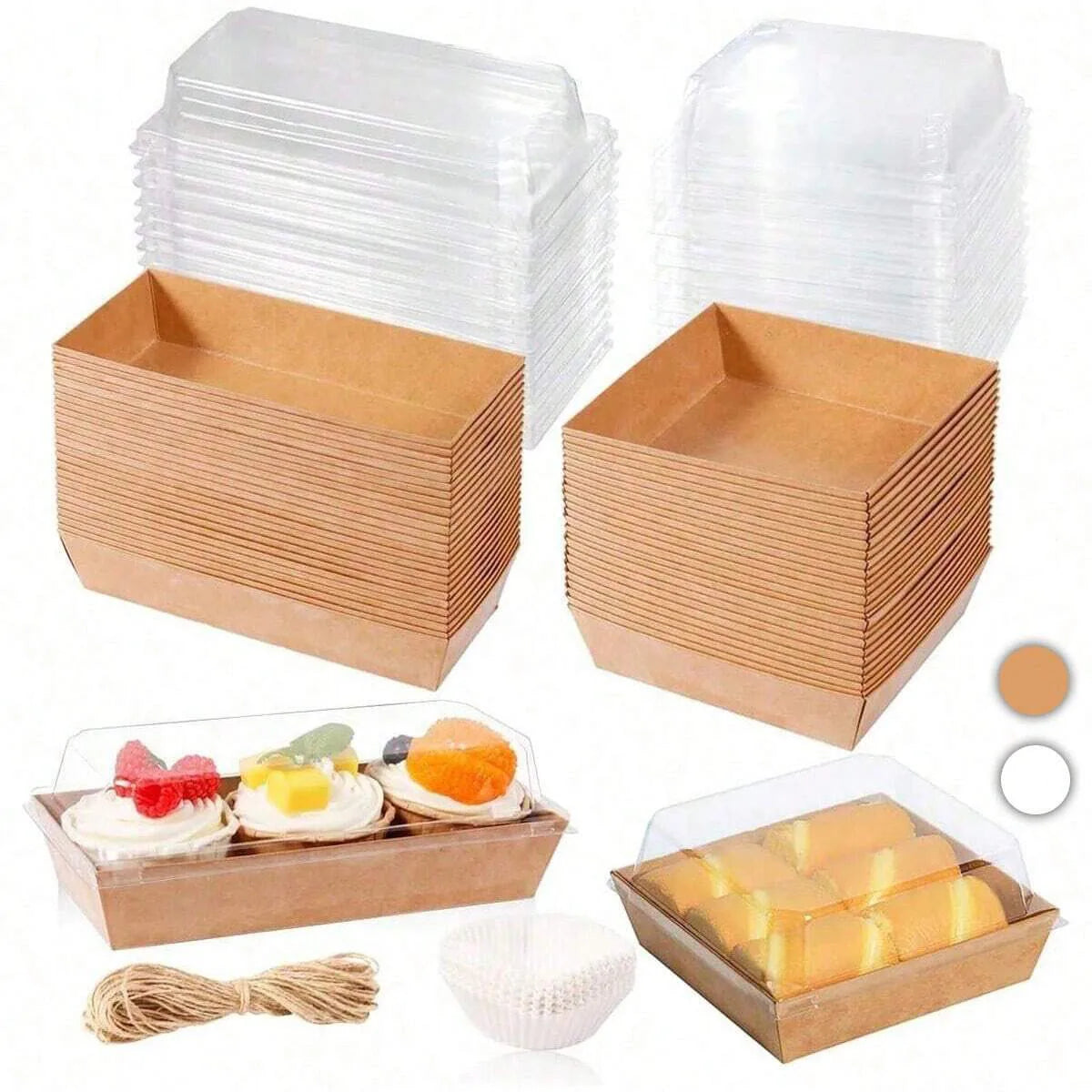 A set of minimalist kraft cardboard sandwich boxes for pastries, bread, and Swiss rolls, including clear plastic sleeves.