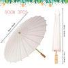 White oil paper umbrella with a round canopy and a long handle shown next to its dimensions.