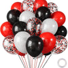 A pack of 30 chrome latex balloons in red, black, and white colors.