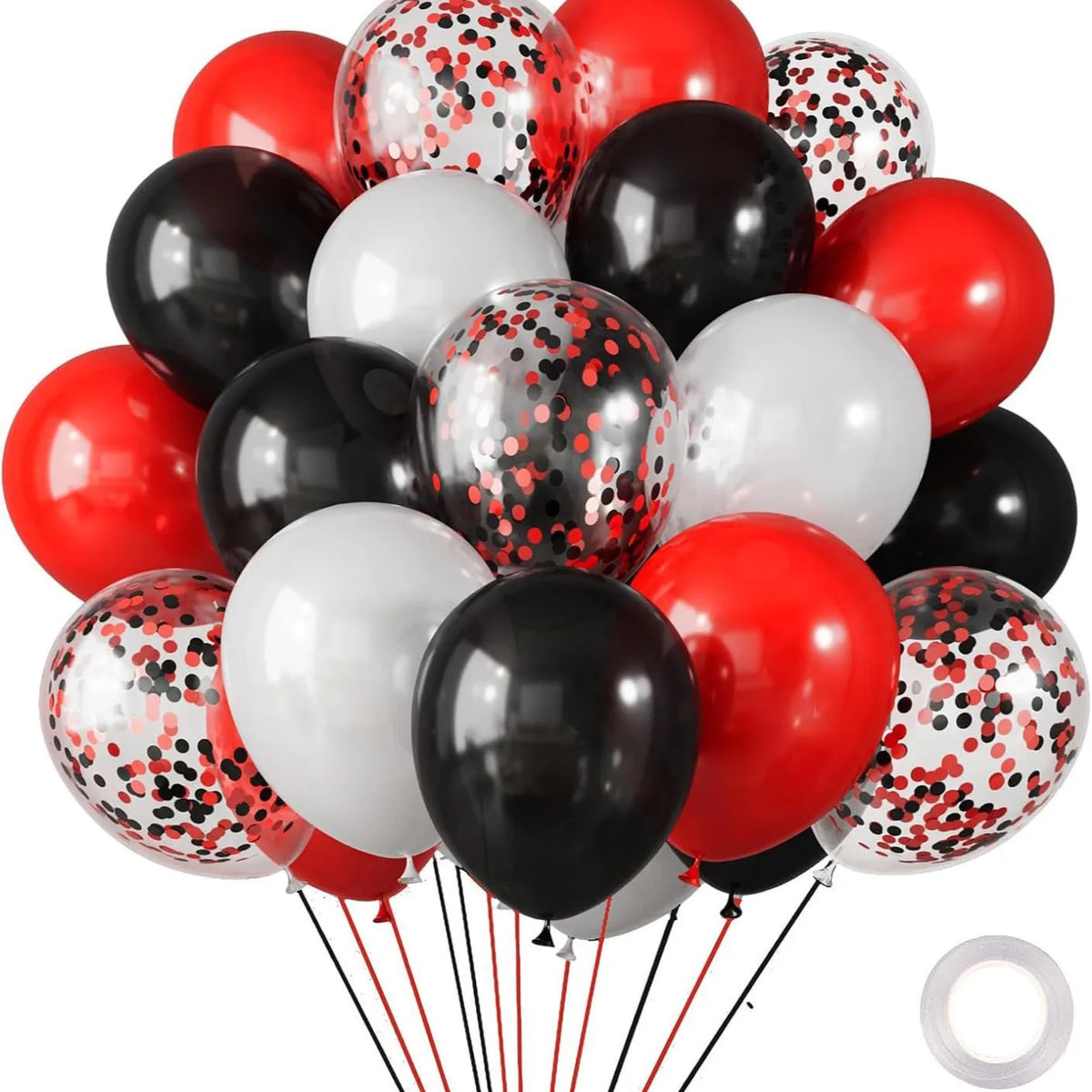 A pack of 30 chrome latex balloons in red, black, and white colors.