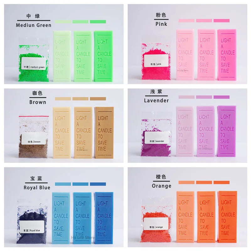 A collection of colored liquid dye colorants in various shades including green, pink, brown, lavender, blue, and orange for D