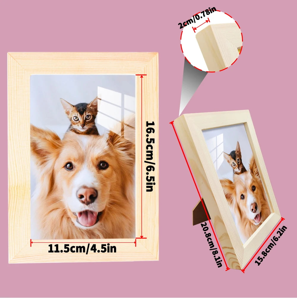 A wooden photo frame displaying a close-up portrait of a dog, with measurements shown.