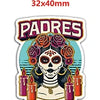 A sticker featuring a stylized skull with roses and the word PADRES on a dark background.