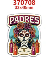 A sticker featuring a stylized skull with roses and the word PADRES on a dark background.