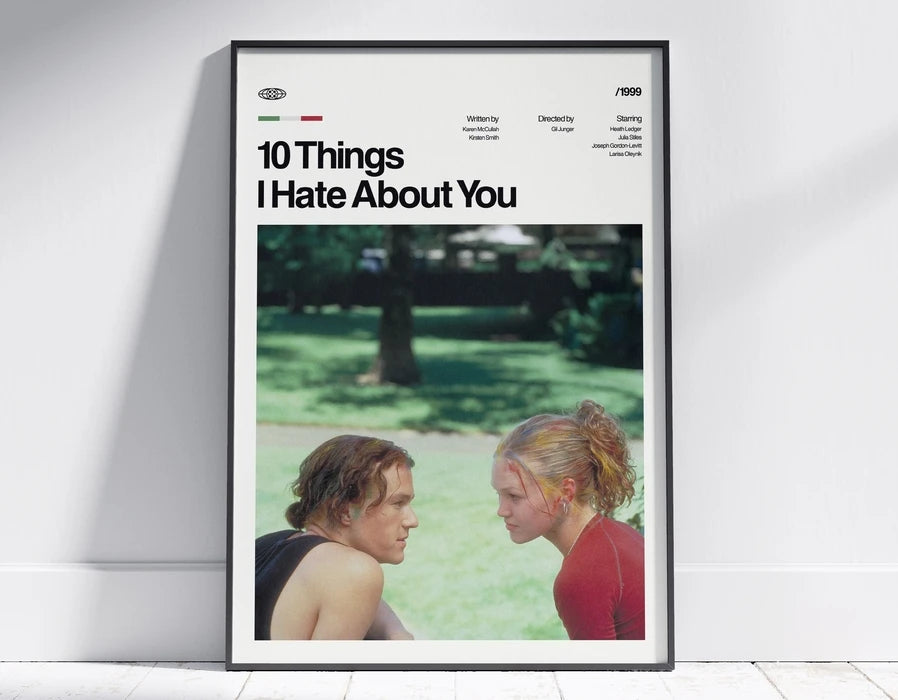 A framed poster titled 10 Things I Hate About You featuring two people in a grassy outdoor setting.