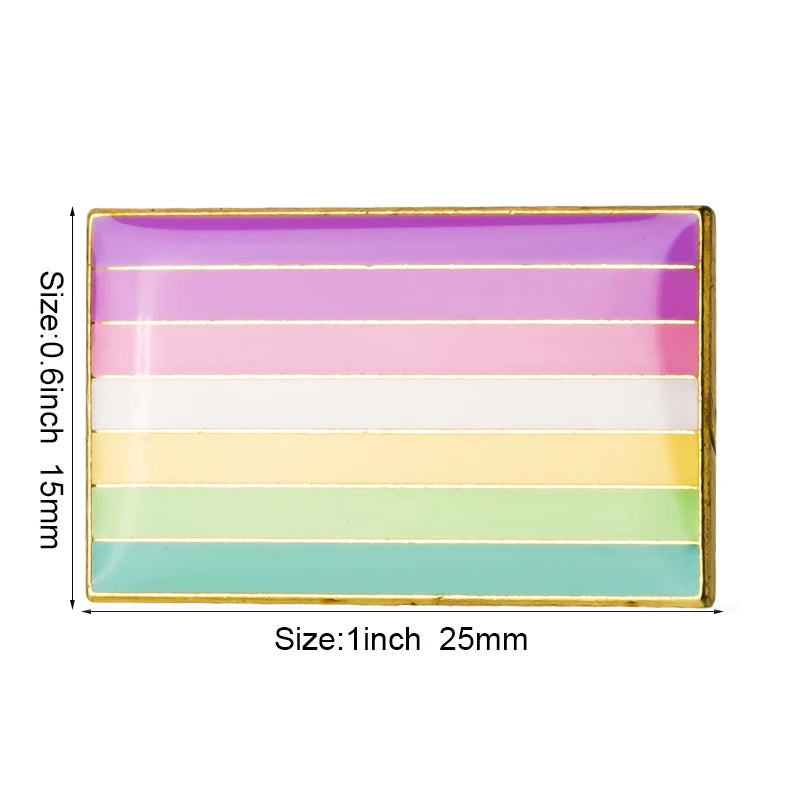 A rectangular lapel pin featuring horizontal stripes of pink, white, and light green colors.