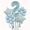 A set of light blue foil balloons shaped like the number 2 and a flower, suitable for birthday celebrations.