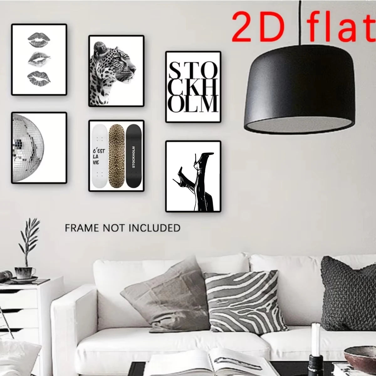 A gallery wall featuring black and white abstract prints, including a leopard head, Stockholm text, and a silhouette.