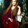 A portrait of a woman with long flowing hair wearing a red velvet gown and gold jewelry.
