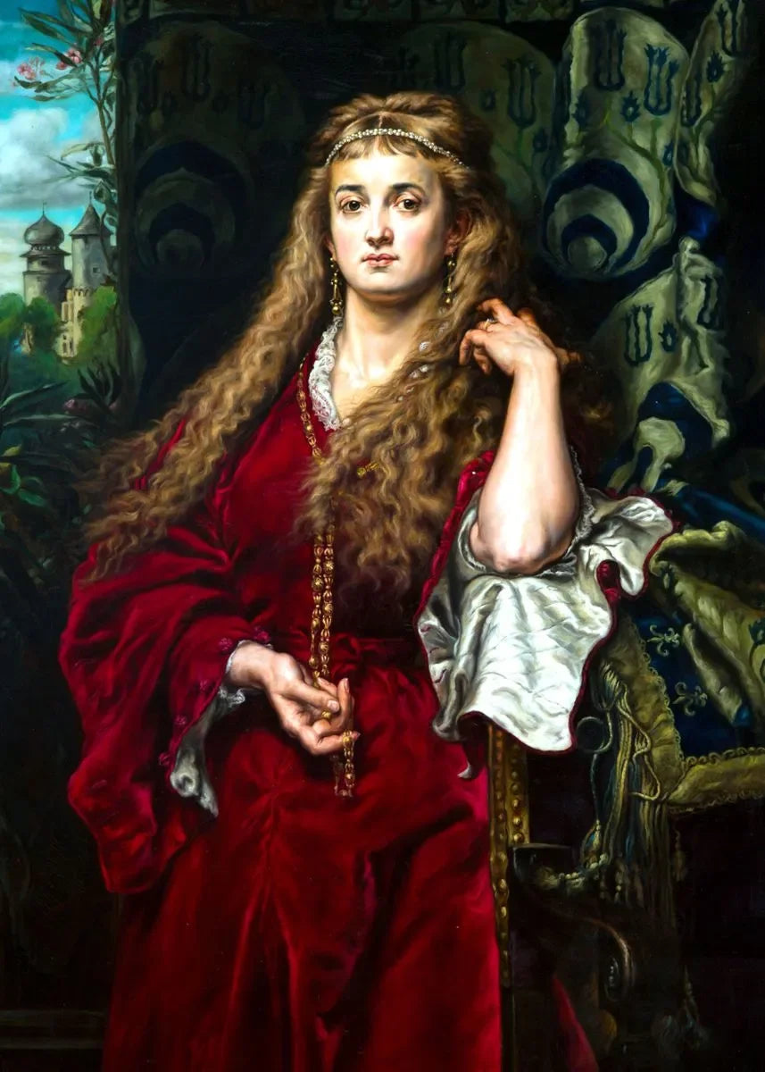 A portrait of a woman with long flowing hair wearing a red velvet gown and gold jewelry.