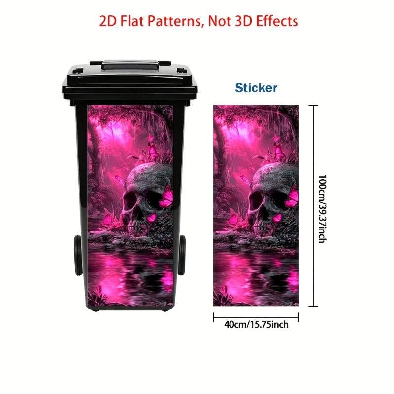 Autocollant noir pour poubelle avec un motif 2D rose et violet d'un crâne dans une forêt.