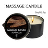 A black jar of massage candle with a lit wick and an inset photo of agarwood.