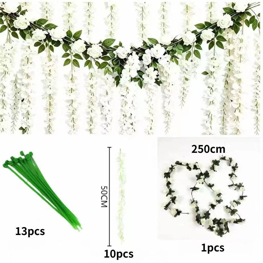 White silk wisteria hanging vine garland featuring white flowers and cascading vines.
