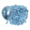 A cluster of metallic blue latex balloons next to a single, reflective silver-blue balloon.