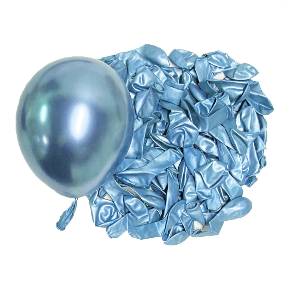 A cluster of metallic blue latex balloons next to a single, reflective silver-blue balloon.