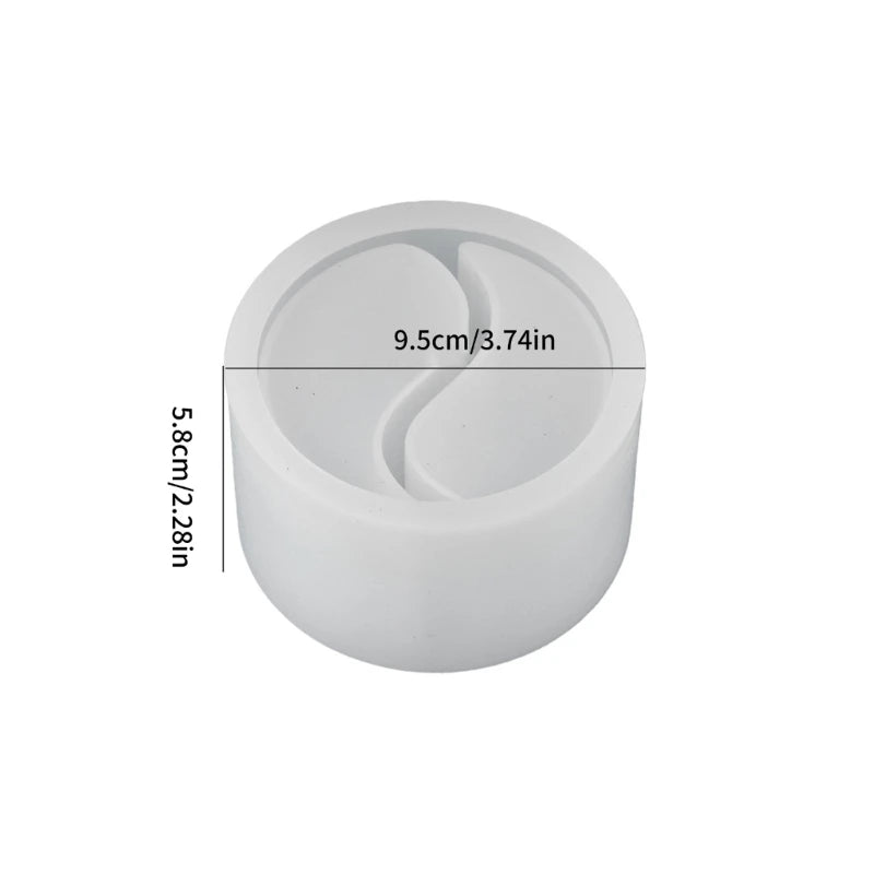 White silicone mold shaped like Yin Yang for DIY candlestick holders, measuring 5.8cm/2.28in in diameter and 9.5cm/3.74in in 