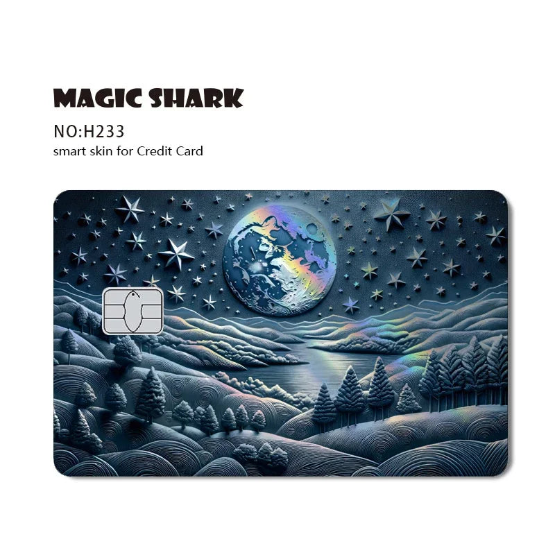 A dark, textured card design featuring a holographic depiction of Earth and a starry night landscape.