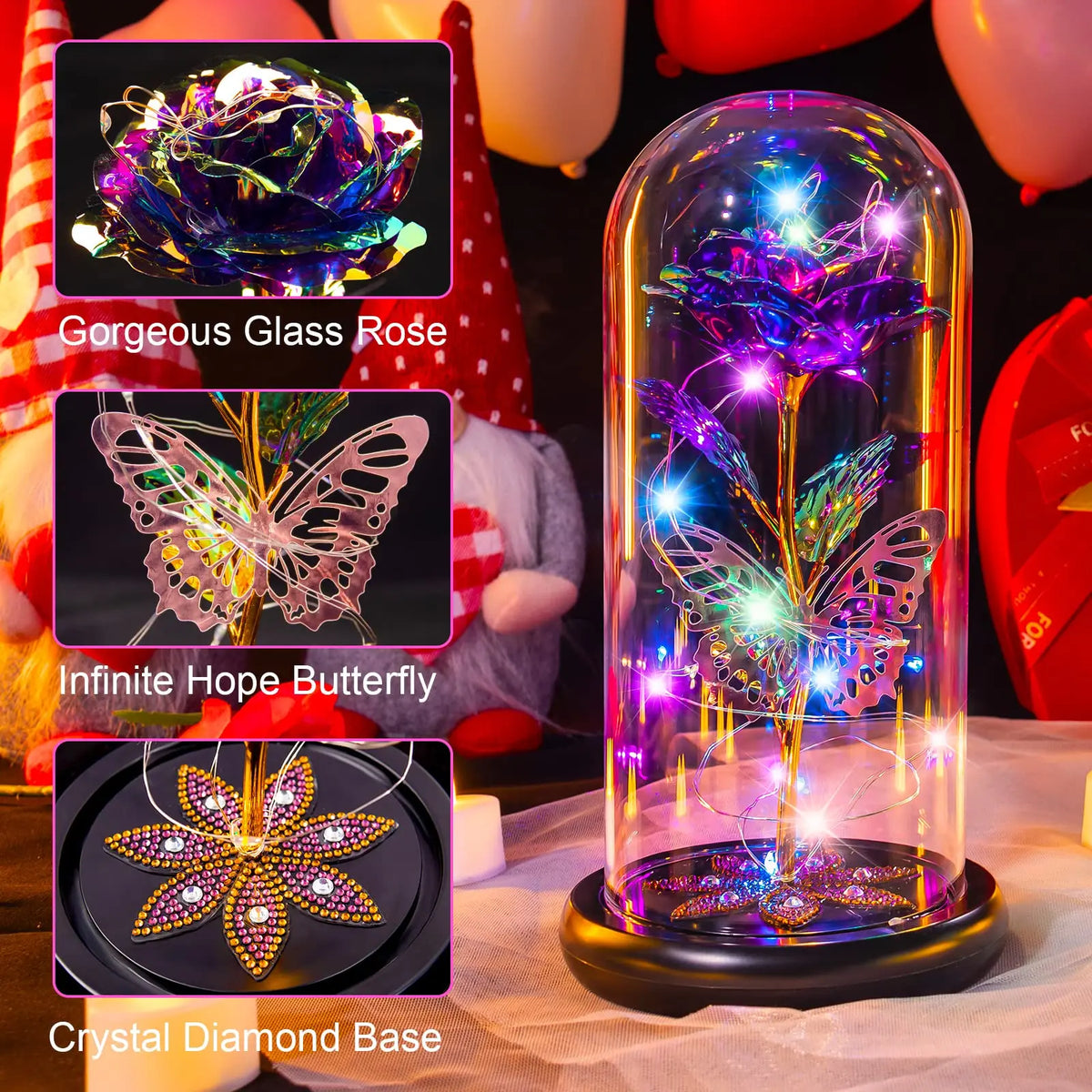 A display featuring a gorgeous glass rose, an infinite hope butterfly, and a crystal diamond base.