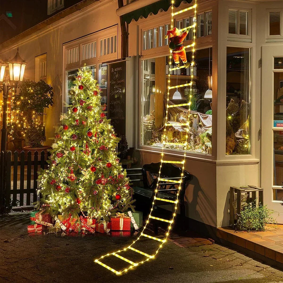 A glowing yellow ladder of Christmas lights resembling Santa Claus climbing down a storefront.