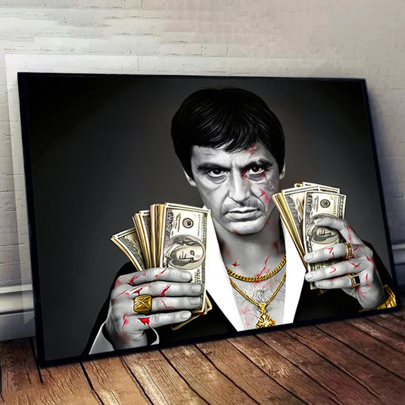 A dramatic painting of a man holding stacks of money, inspired by the Scarface movie.