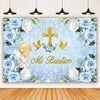 A light blue floral backdrop featuring a gold cross, white fluffy flowers, and golden birds for a First Communion photography