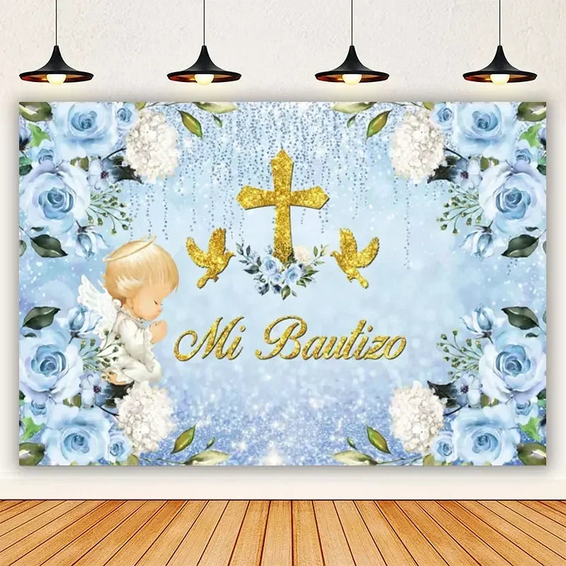 A light blue floral backdrop featuring a gold cross, white fluffy flowers, and golden birds for a First Communion photography