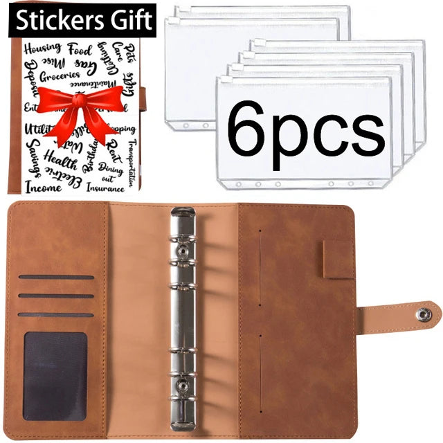 A set of six clear plastic stickers for a budget planner binder with cash envelopes and expense sheets