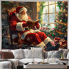 A tapestry depicting Santa Claus reading a book in a chair amidst a festive Christmas scene.