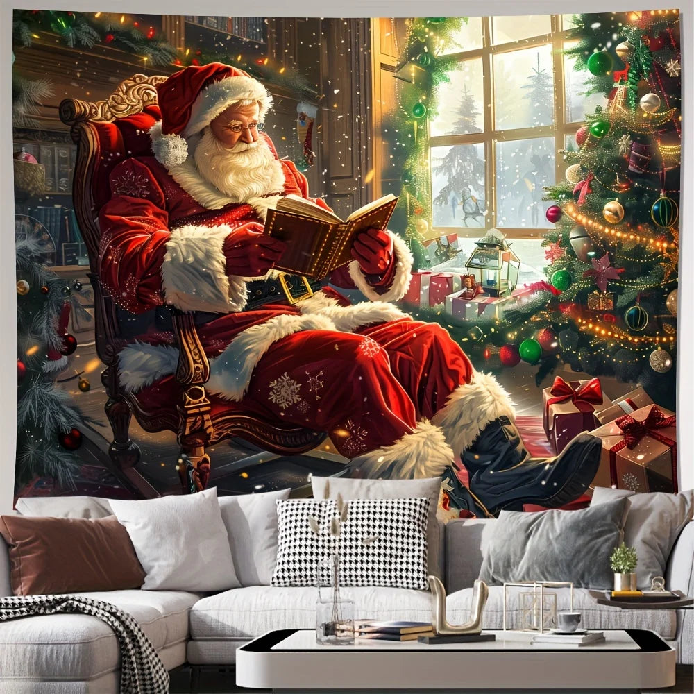 A tapestry depicting Santa Claus reading a book in a chair amidst a festive Christmas scene.