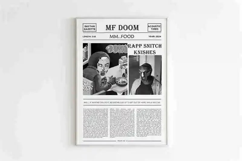 A black and white canvas art poster featuring the MF DOOM magazine cover titled MM..FOOD.