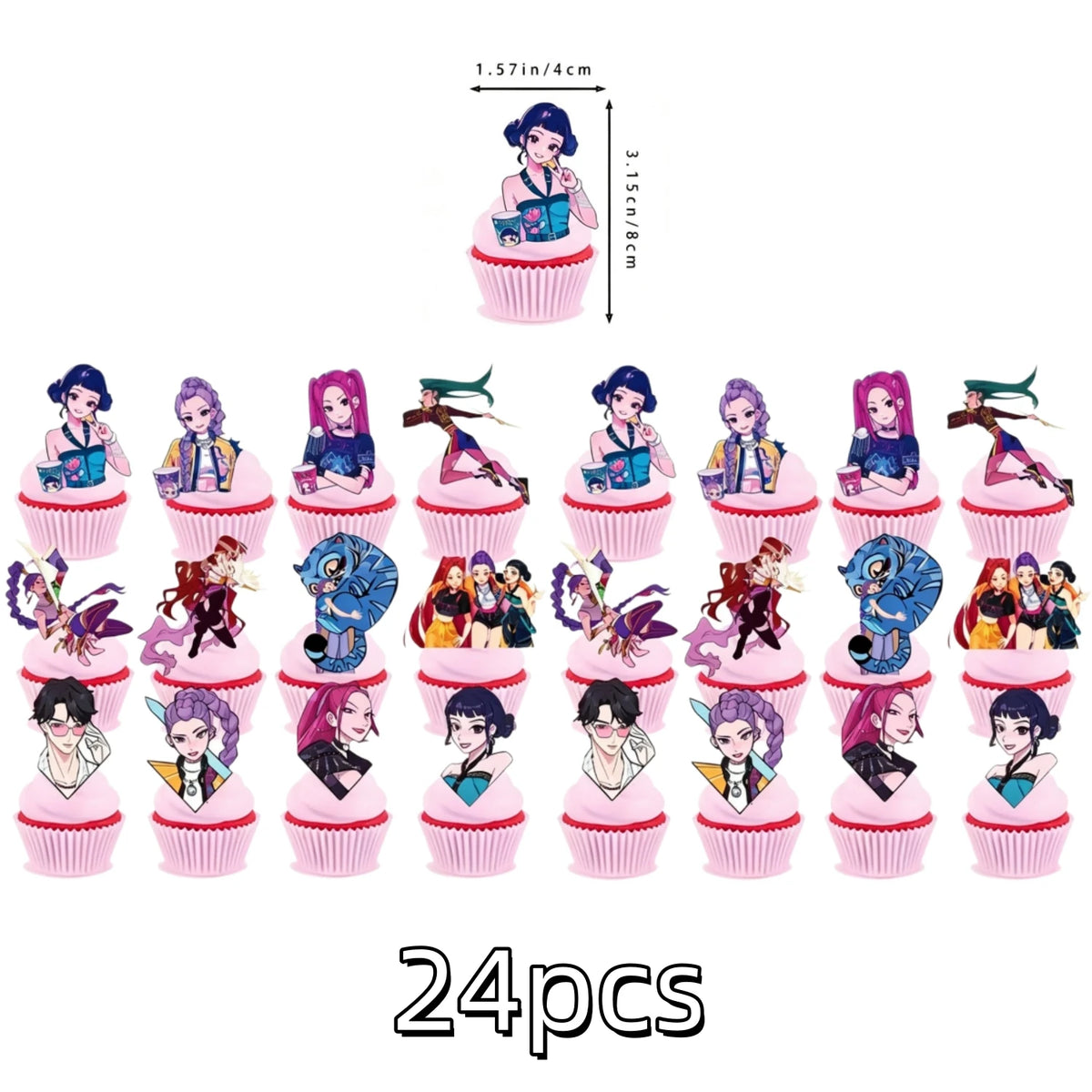 A set of 24 anime hunter girl cake toppers featuring various characters in pink and purple frosting.