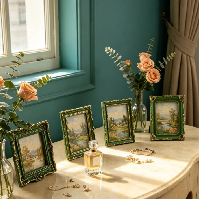 A vintage Baroque resin picture frame with a green and gold frame sits on a light table, surrounded by roses and greenery.