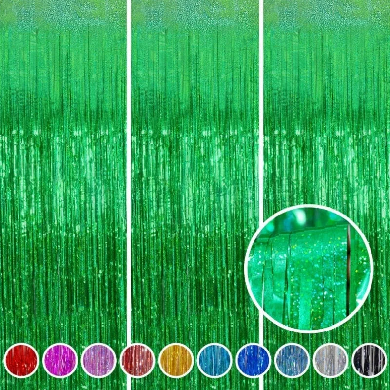 A set of metallic foil tinsel fringe backdrop strands displayed in various colors.