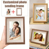 A custom photo sending frame is shown, featuring a wooden frame and a printed picture of a couple.