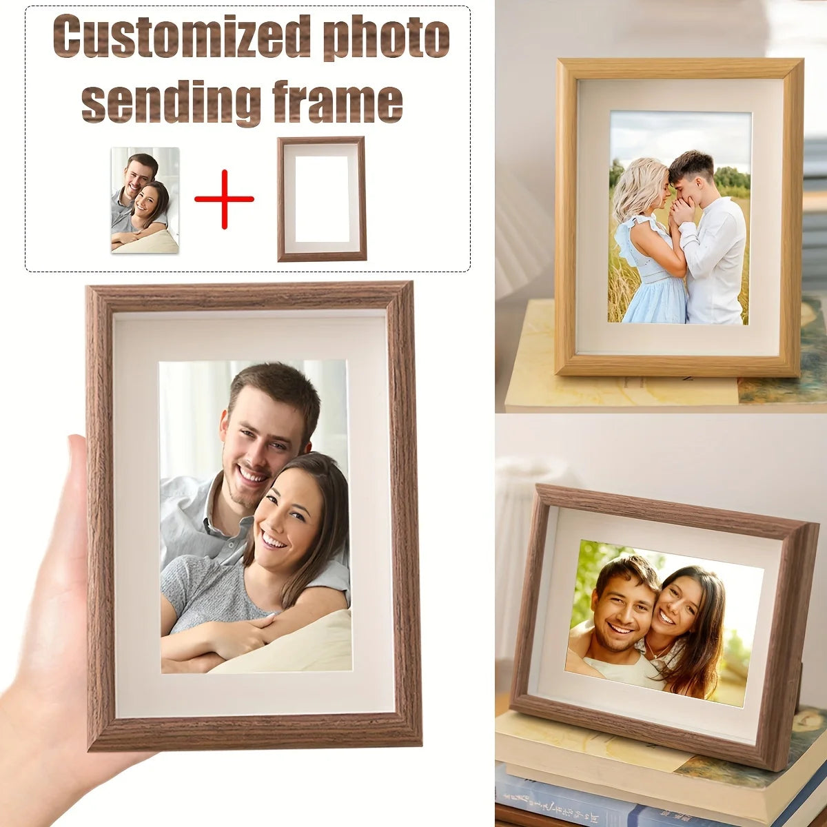 A custom photo sending frame is shown, featuring a wooden frame and a printed picture of a couple.
