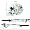 A realistic white skeleton hand lawn stake and a separate skeletal skull decoration.